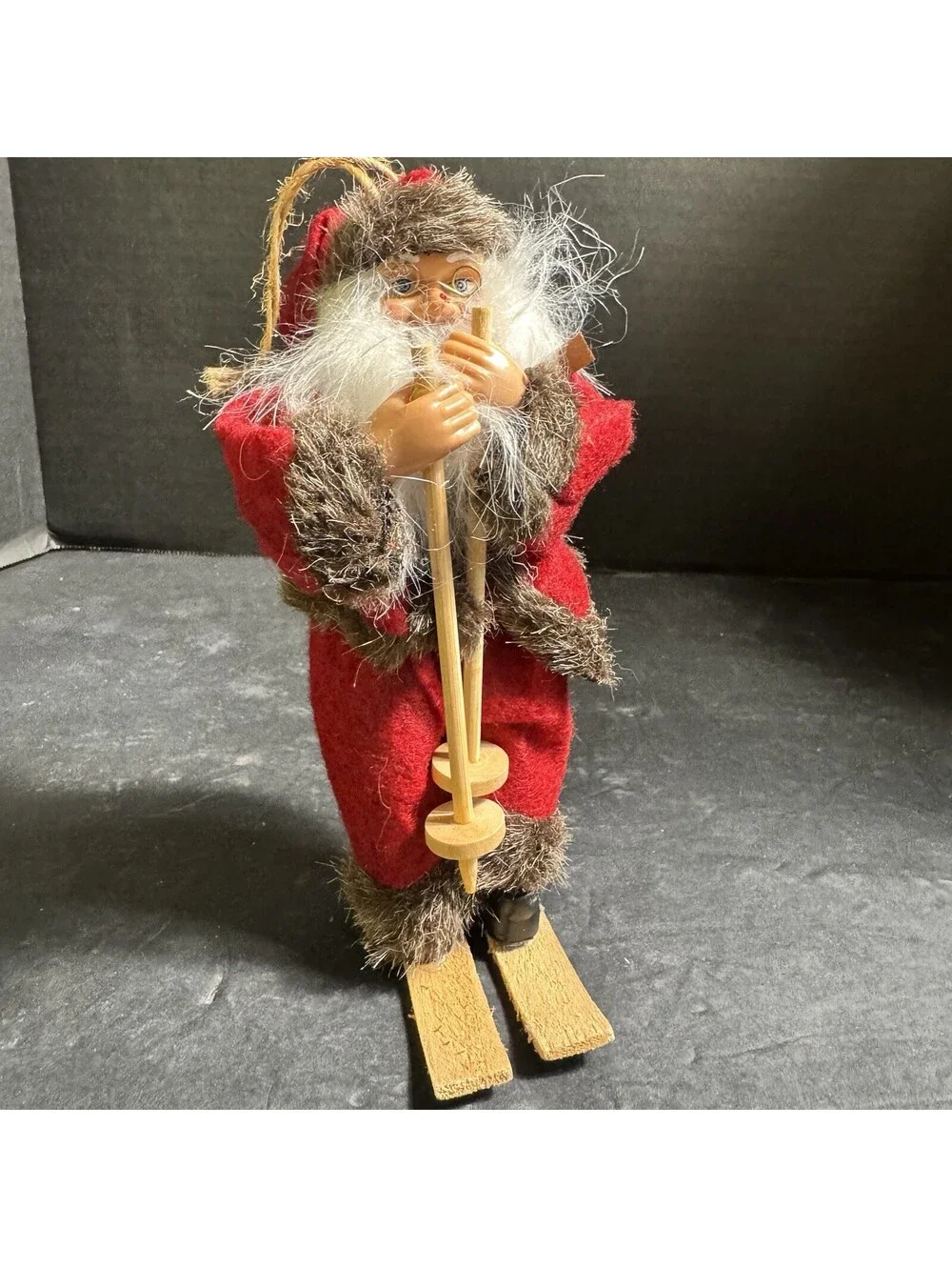 Vtg Santa Claus Skiing Figurine 7” Wooden Skis & Poles Faux Fur Trim Christmas